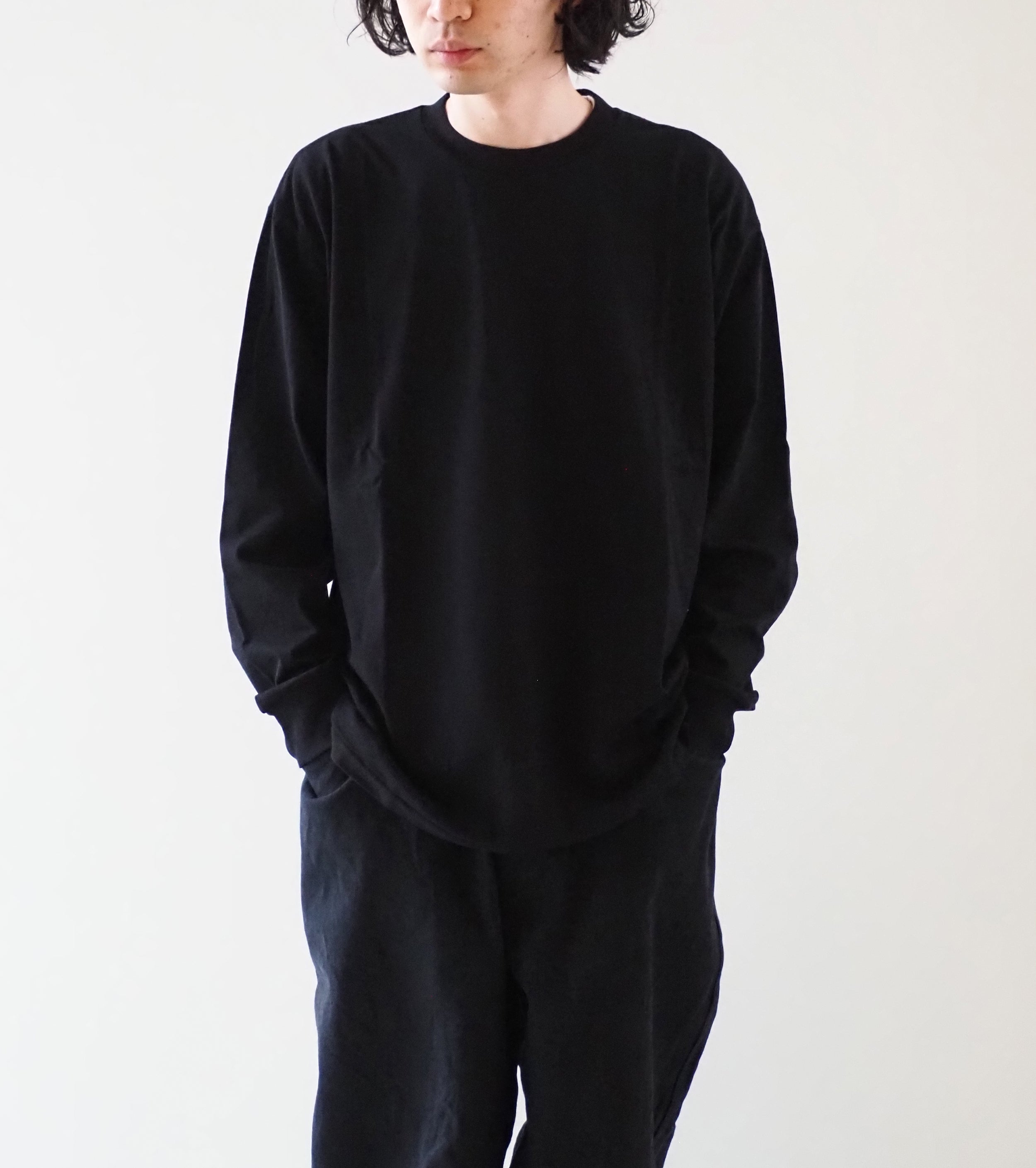 COMOLI コットン ジャージ 長袖 Tシャツ , Black – Navyblue