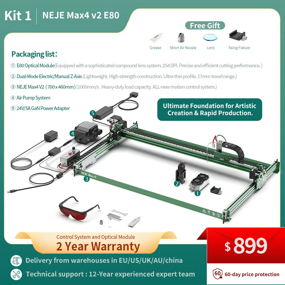 NEJE Max 4 V2: Metal/wood engraving, 1200mm/s, Z with cutter/pen