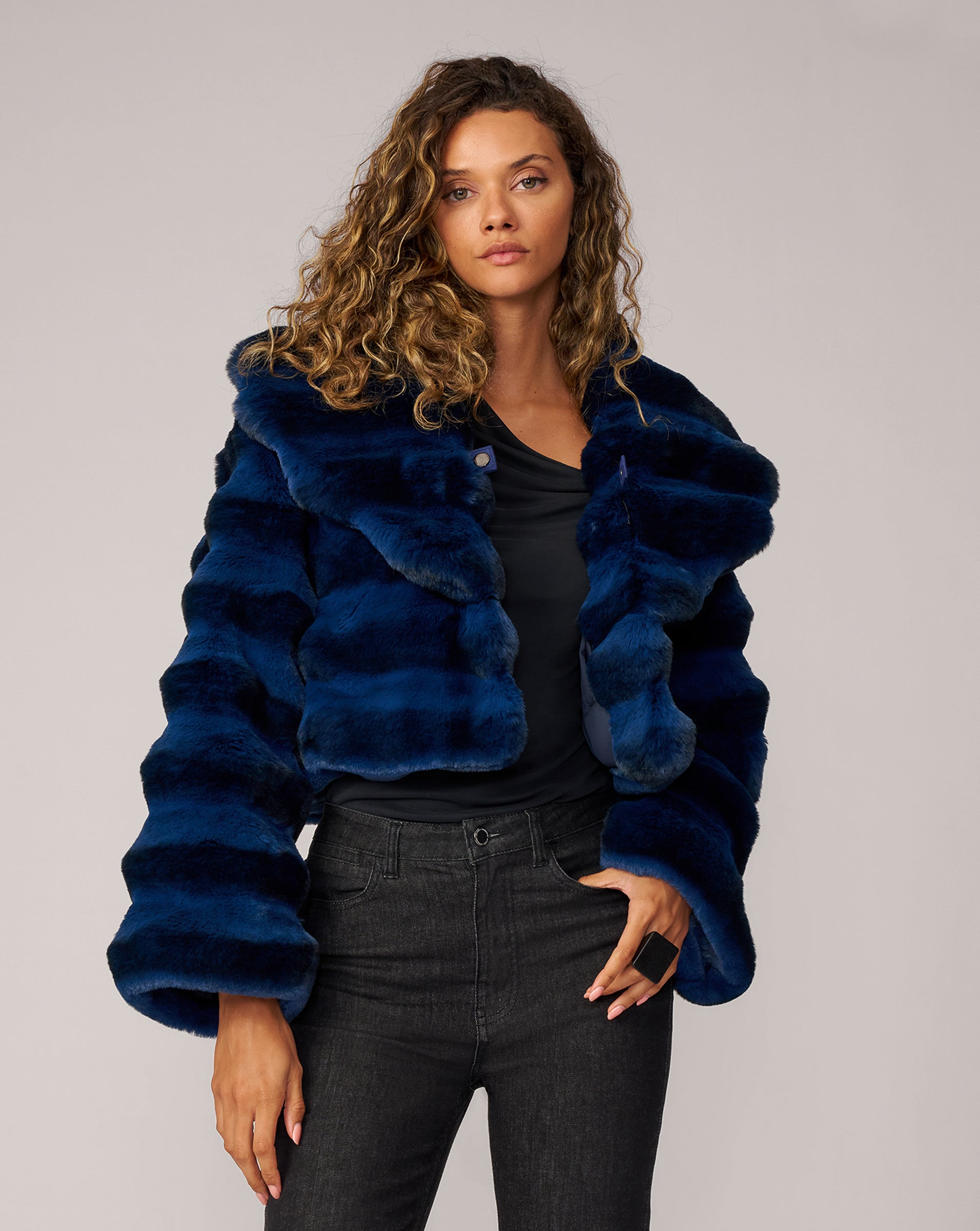 Adrienne Landau Blue Faux Chinchilla Fur Jacket with Shawl Collar