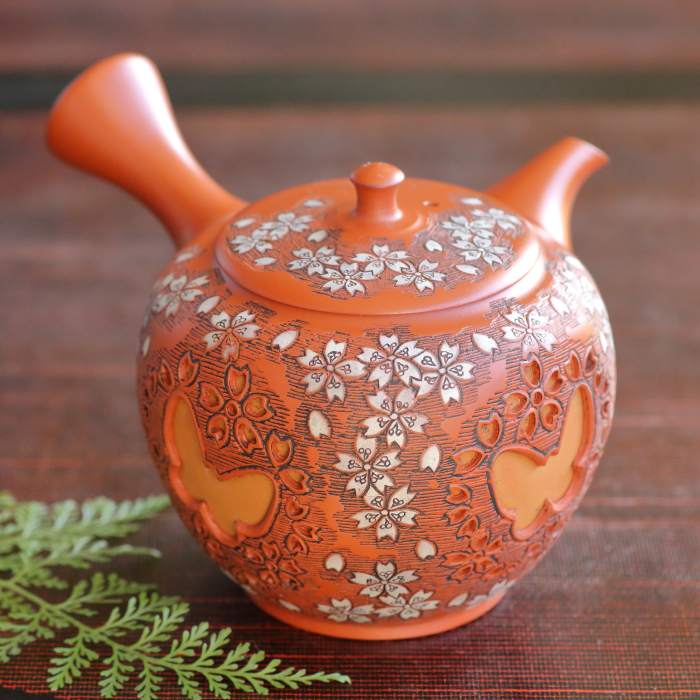 舜園 朱泥桜紋透かし彫り急須 印籠蓋 満容量 300ml 常滑焼高級煎茶器