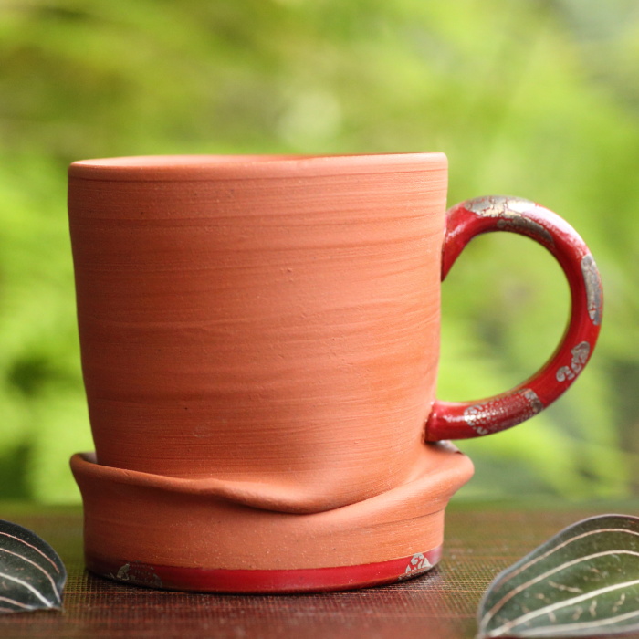 伊藤成二 朱泥コーヒーカップ 満容量200ml 持ち手付湯呑み 煎茶碗 甚秋陶苑