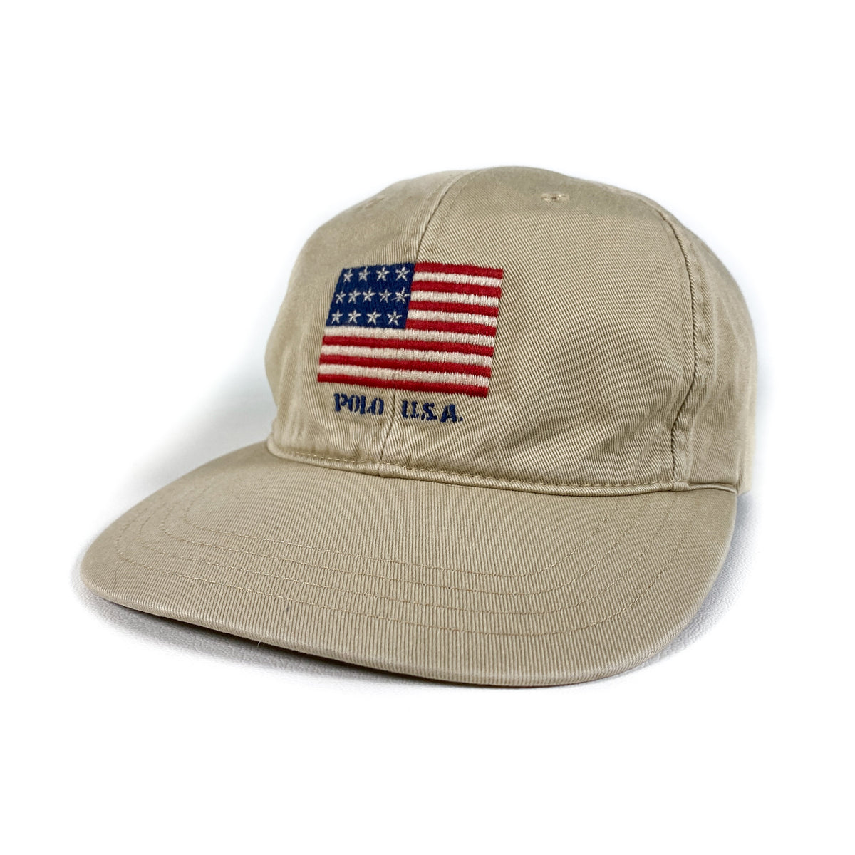 Vintage 90's Polo Ralph Lauren USA American Flag Beige Strapback