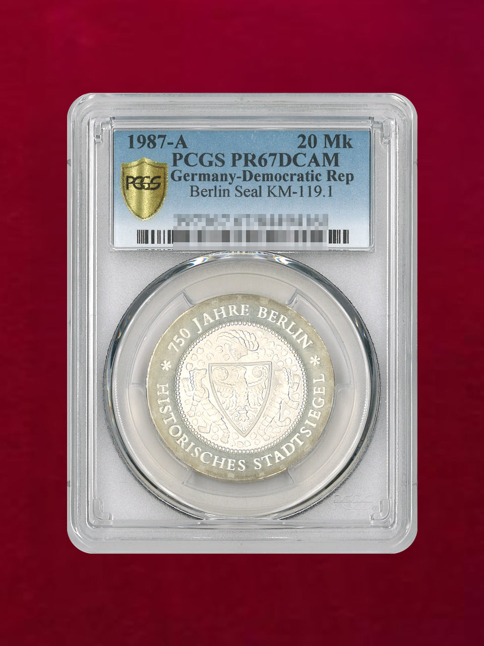 東ドイツ】20マルク 銀貨 Berlin Seal 1987A PCGS PR67DCAM［B-0000263