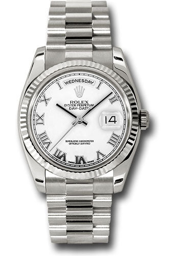 Rolex White Gold Day-Date 36 Watch - Fluted Bezel - White Roman Dial -