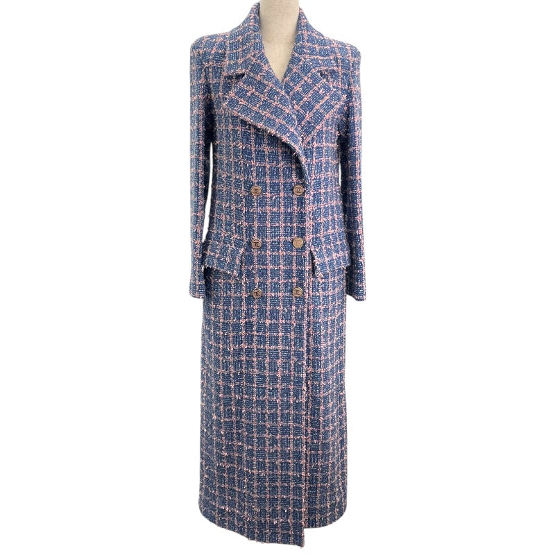 シャネル CHANEL ダブルツイードロングコート P74462 ブルー コットン