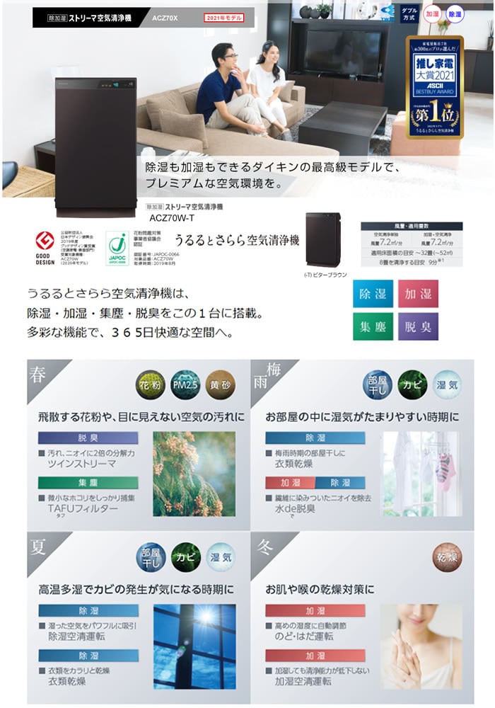 ACZ70X-T 除湿も加湿もできる うるるとさらら空気清浄機 ダイキン