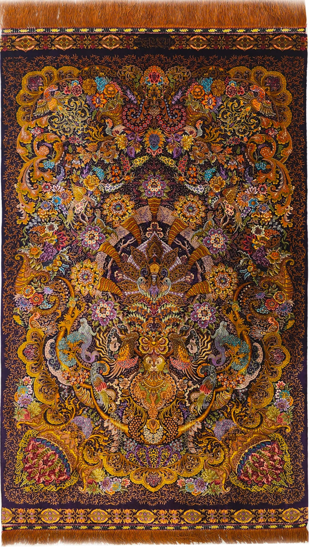 ペルシャ絨毯 クム産 シルク100% [サマディ工房] 珍しい絵画のような柄