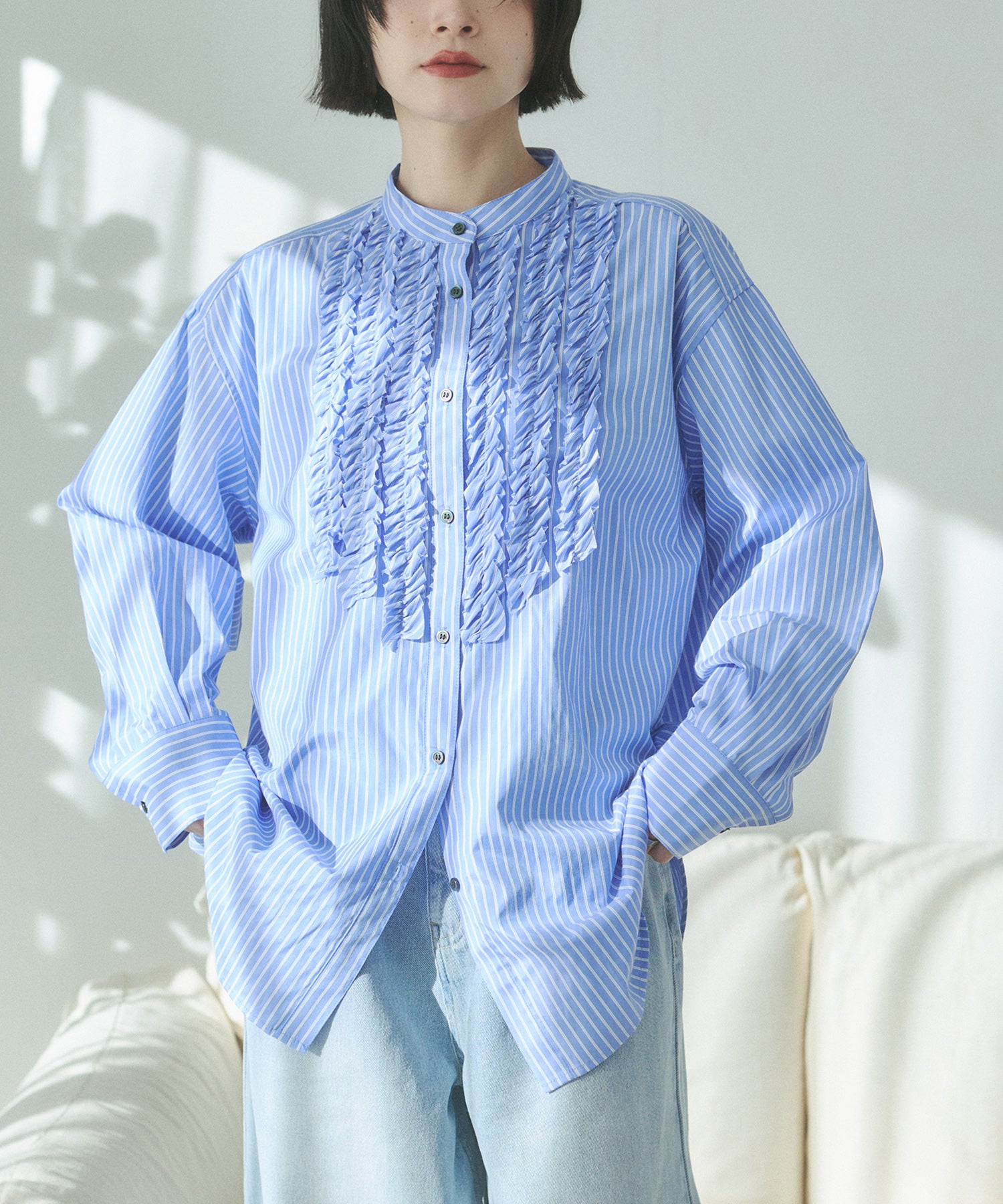 スラブ/デニム ストライプフリルシャツ