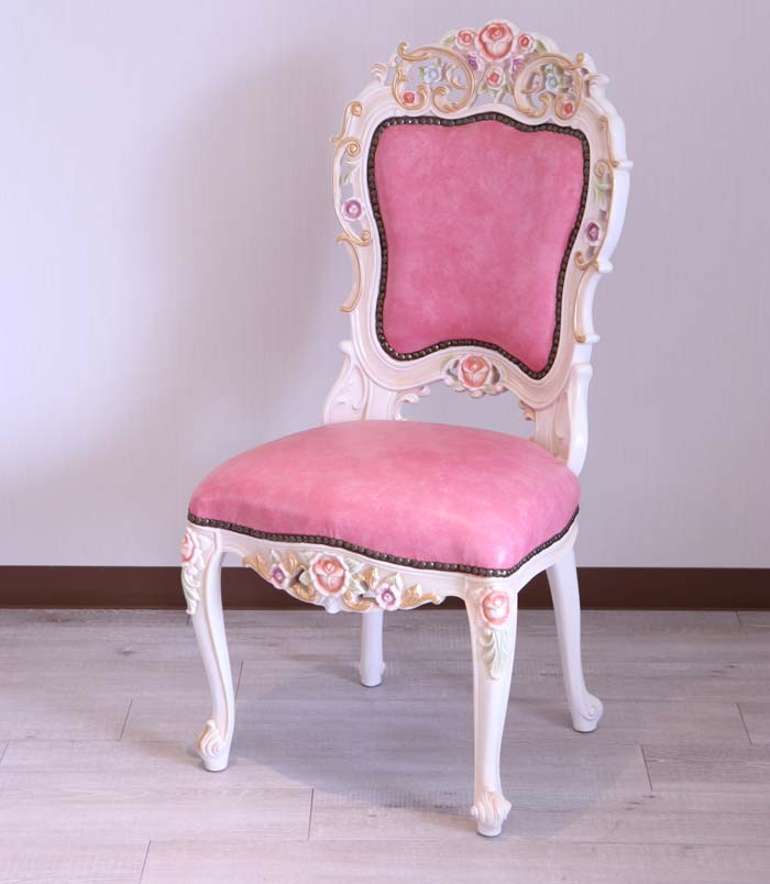 ロココ ダイニングチェア 本皮 ピンク チェア クラック仕上げ 白家具