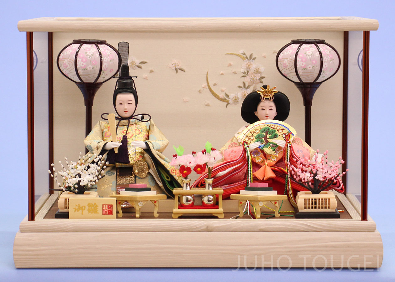 雛人形 ケース飾り 二人 幅38cm｜ガラスケース固定型 小芥子親王 窓