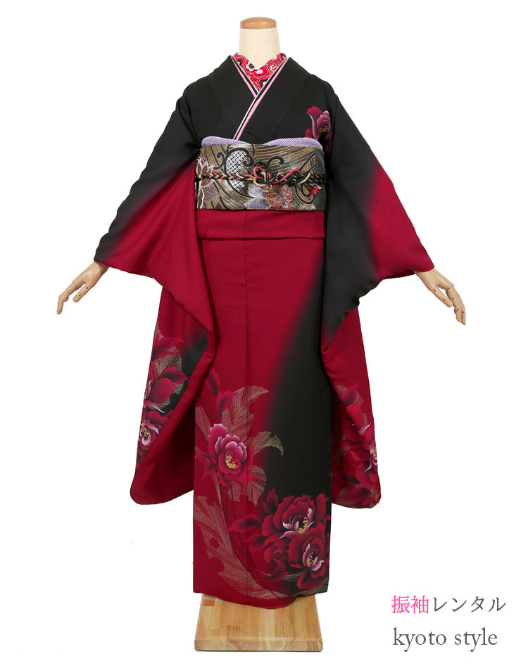 振袖 レンタル フルセット 赤 黒 薔薇 個性的 かっこいい 適応身長