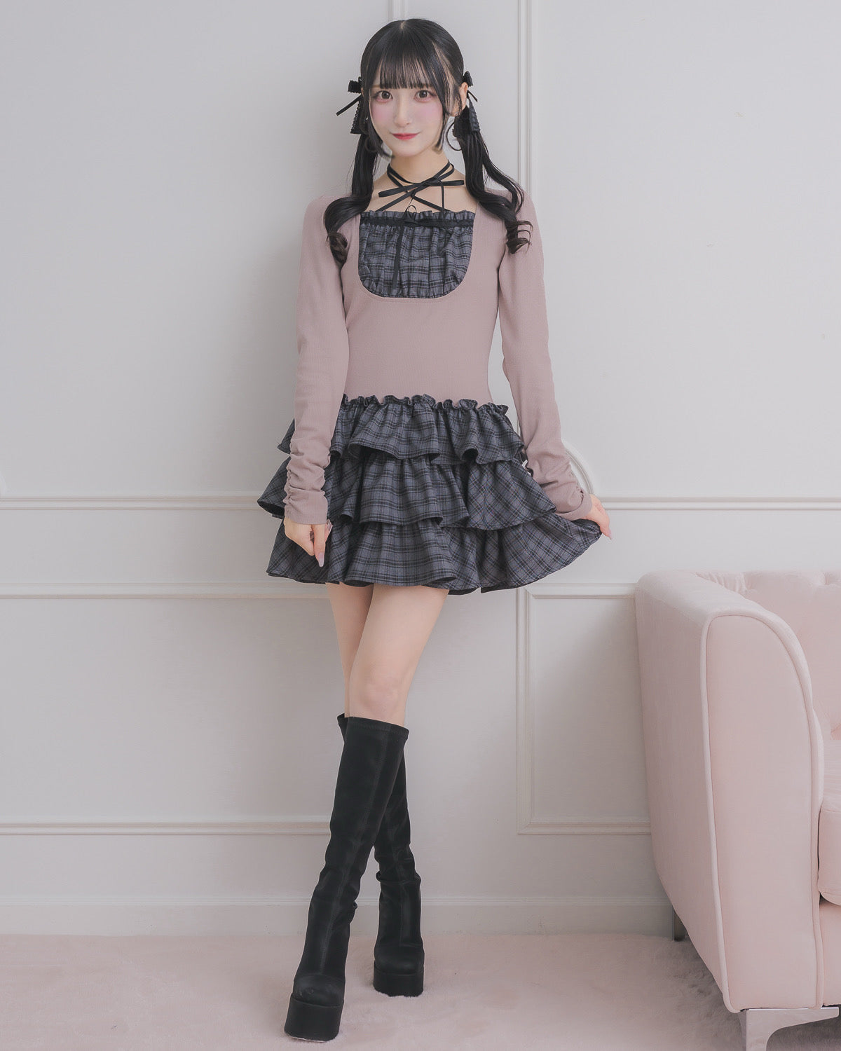 ラウンドフリルティアードリブワンピース – pium