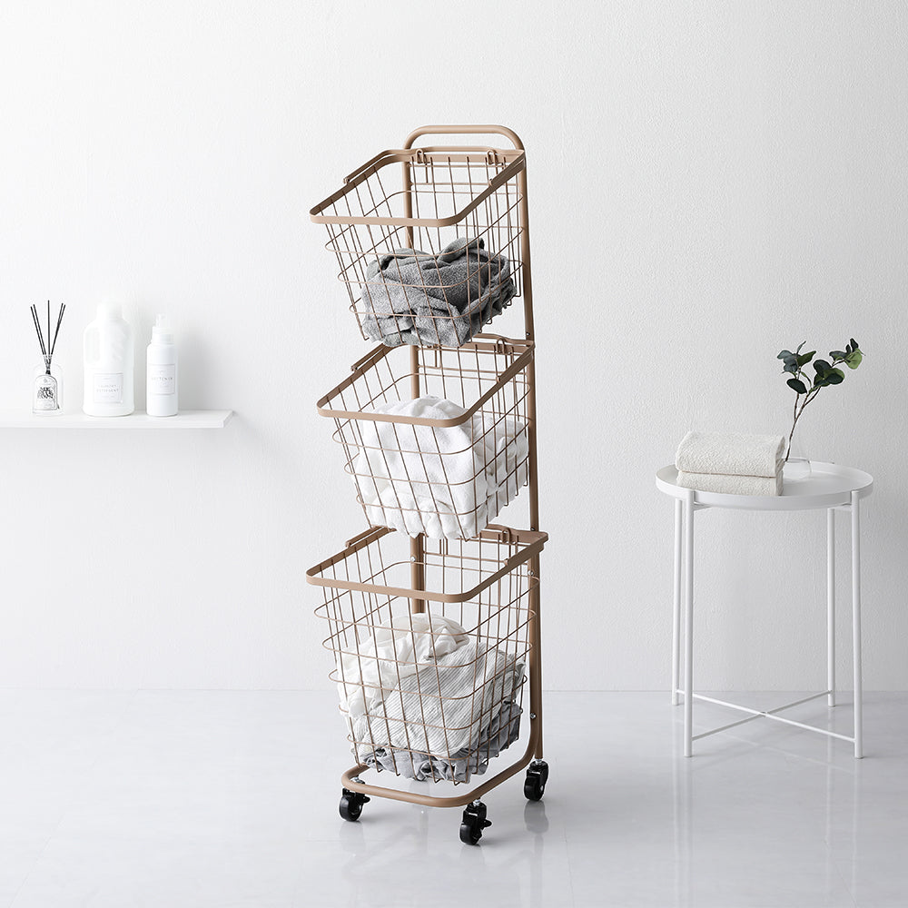 ランドリーバスケット ワゴン スクエアタイプ 3段/洗濯機横に。移動が