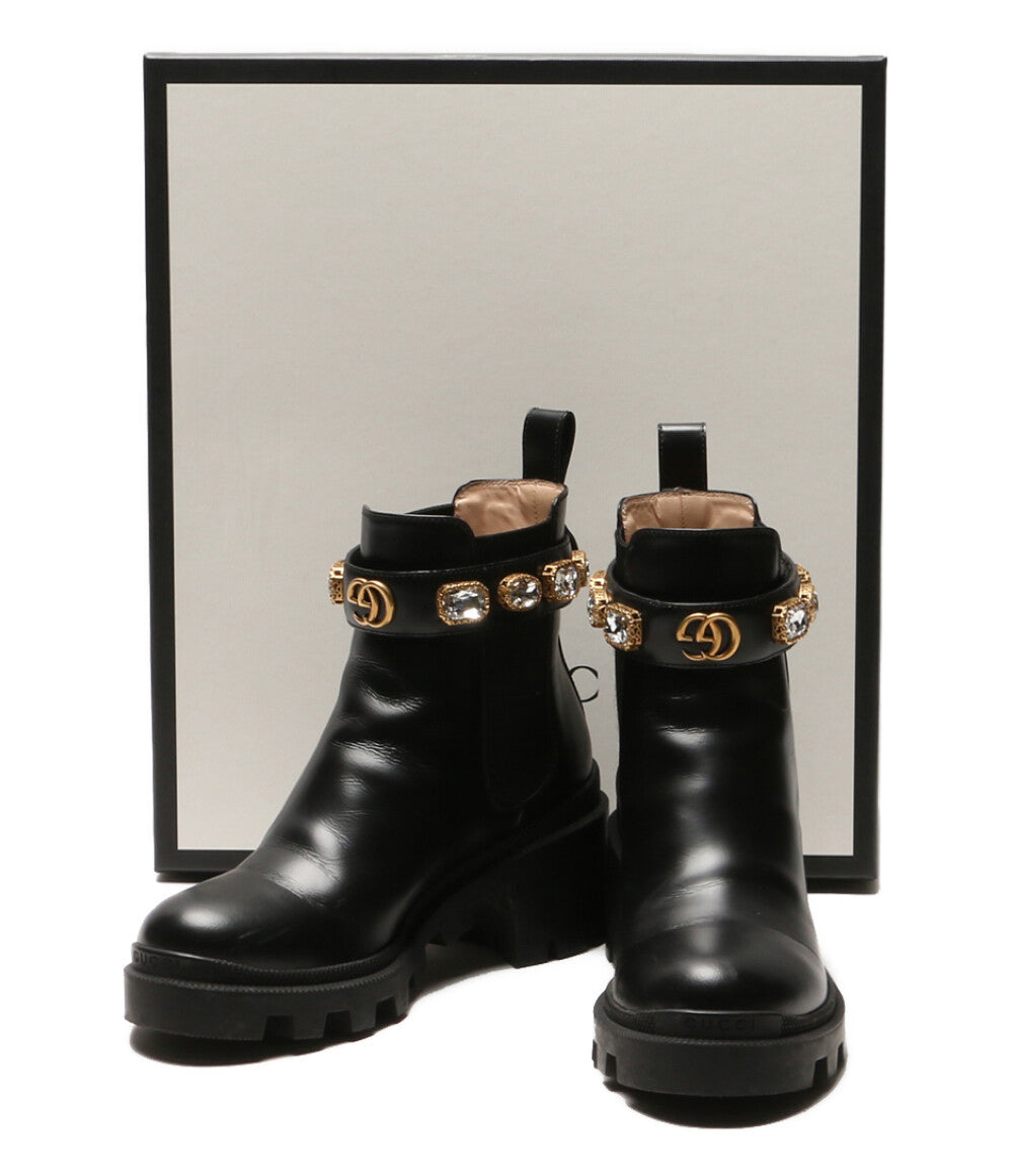 グッチ サイドゴアブーツ クリスタルベルト付 レザー 550036