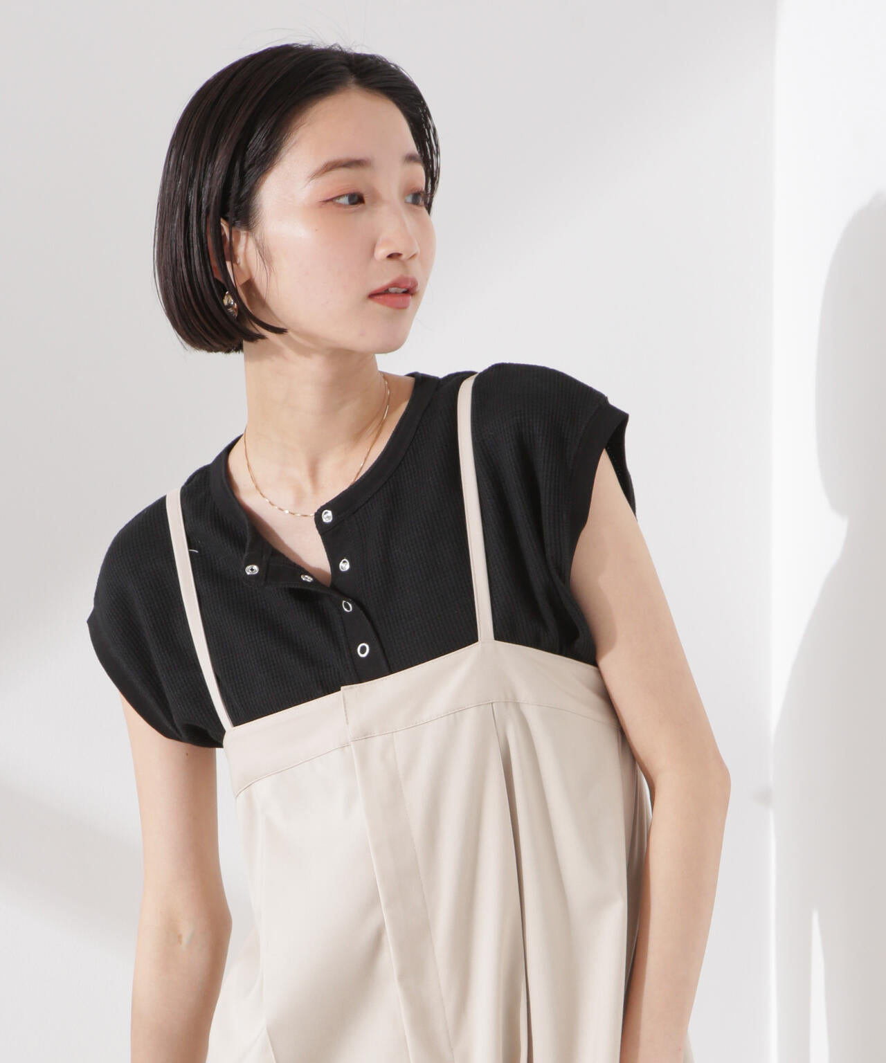 ワッフル ヘンリー ノースリーブ トップス