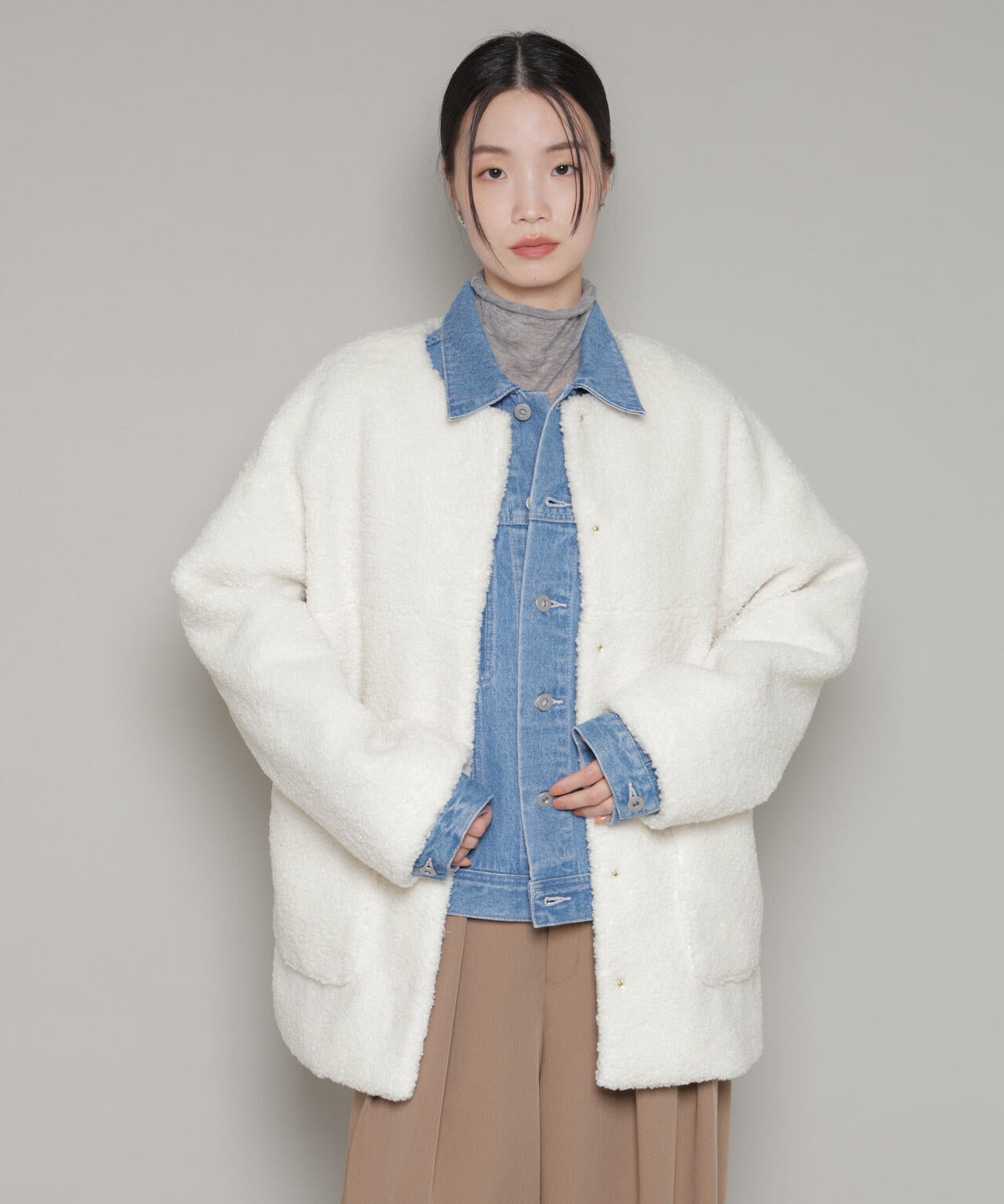 ソフト ボア ノーカラー ミドルコート