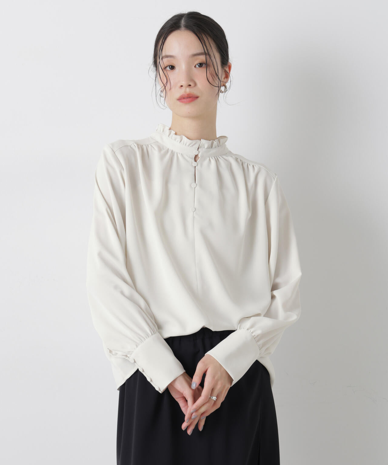前後2way スタンドカラー ギャザー ブラウス