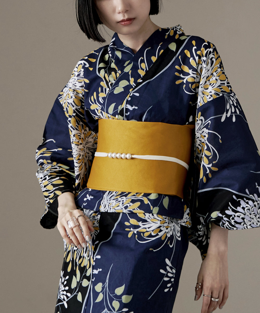 綿仕立て上がり浴衣＋半幅帯 2点セット よろけ縞に菊｜浴衣セット - asaka