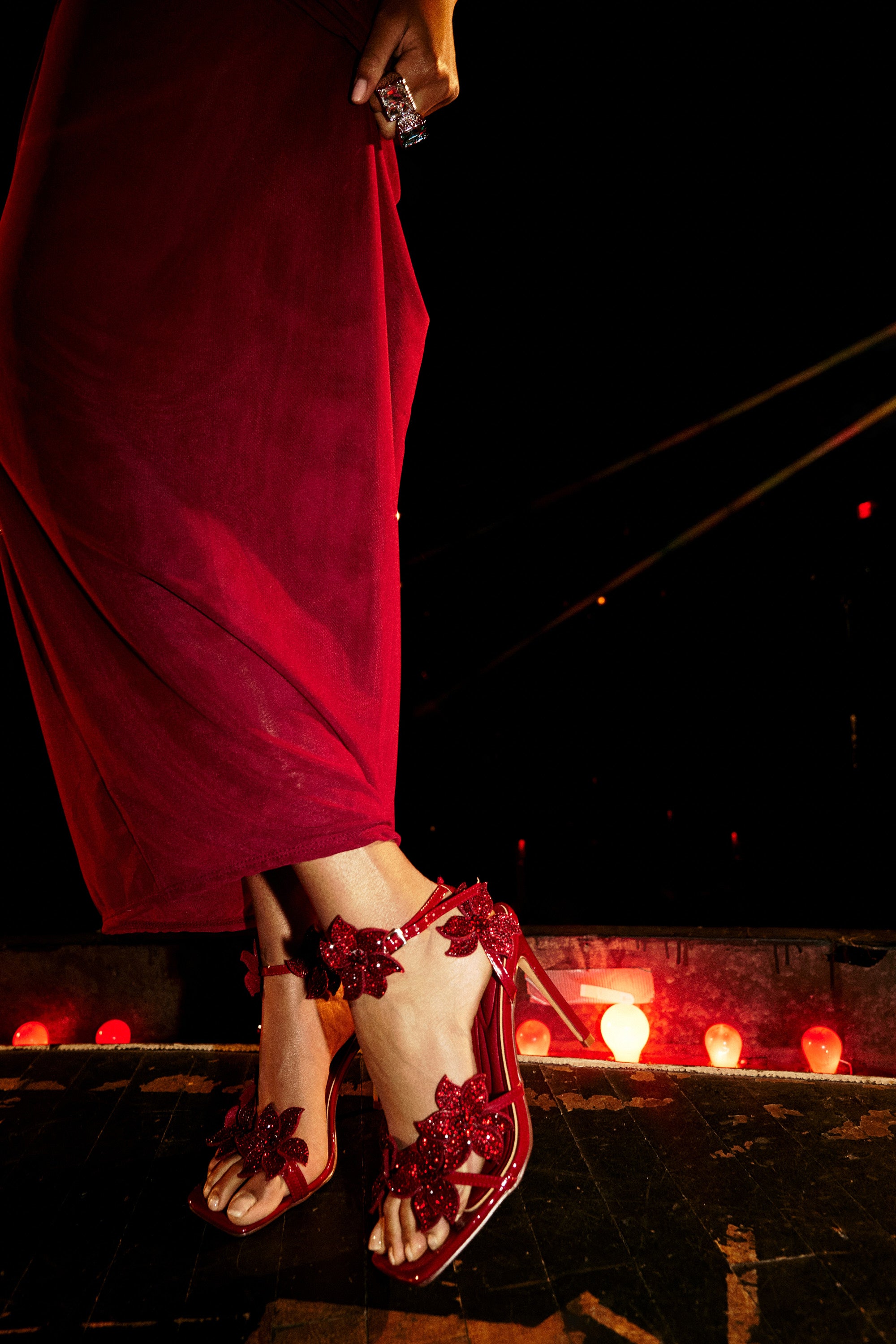 AZALEA WANG ROMI DARK CHERRY RHINESTONE FLORAL EMBELLISHED SANDAL