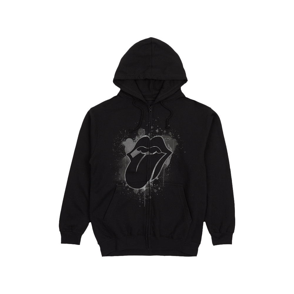 Paint It Black Reflective Tonal Splatter Tongue Print Zip Hoodie