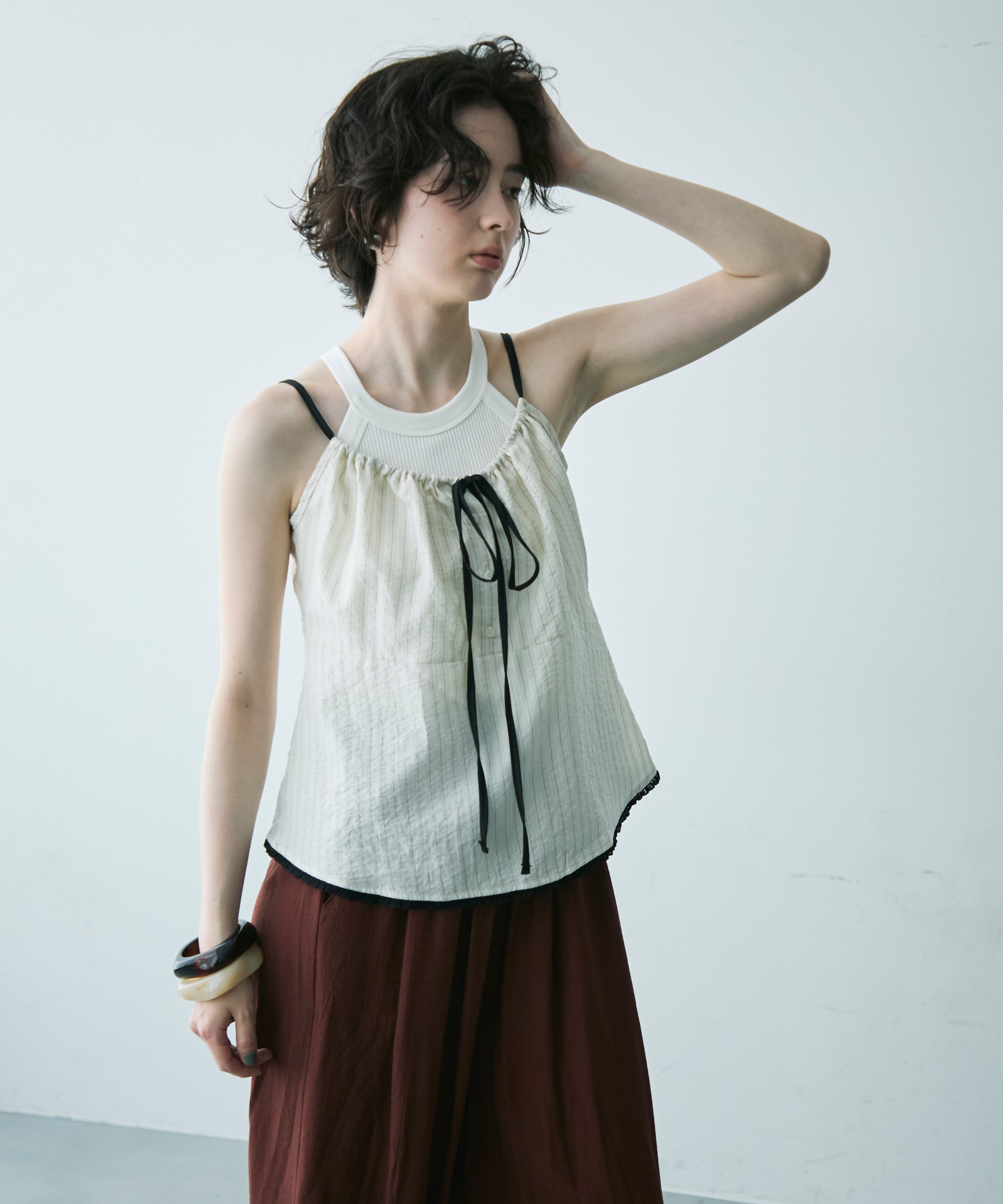 2WAYストライプギャザーリボンキャミソール | Trish