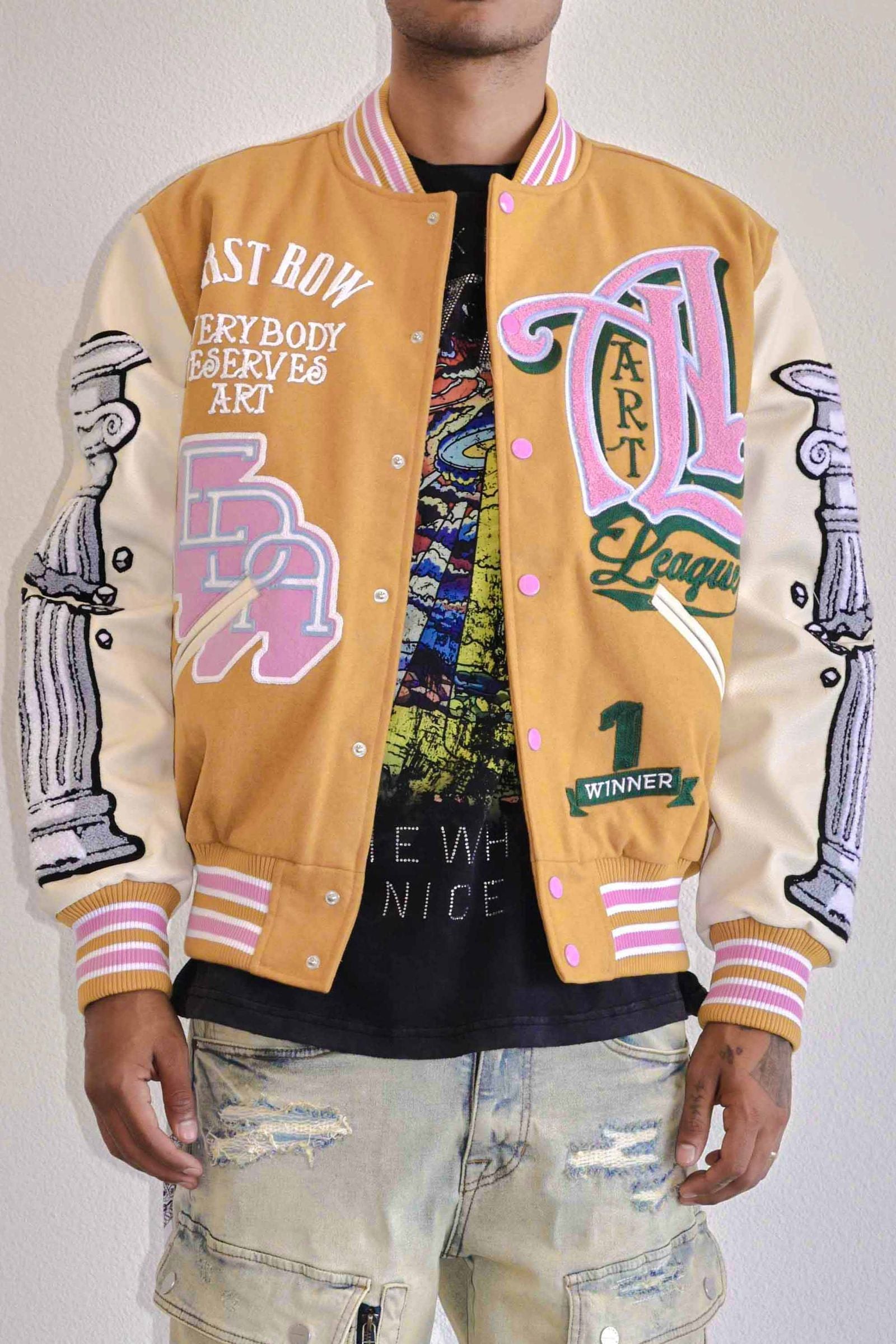 First row mustard Art league multi patches varsity jacket – VIP