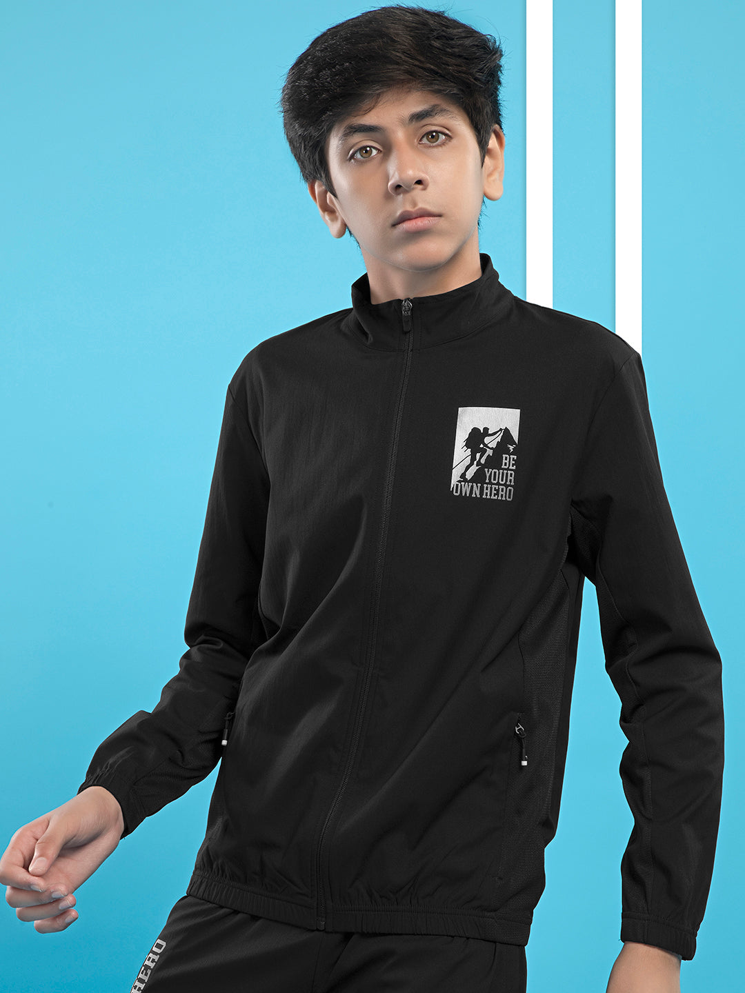 Boys Colorblock Slim Fit Mock Neck Sports Jacket with TS FLEXI