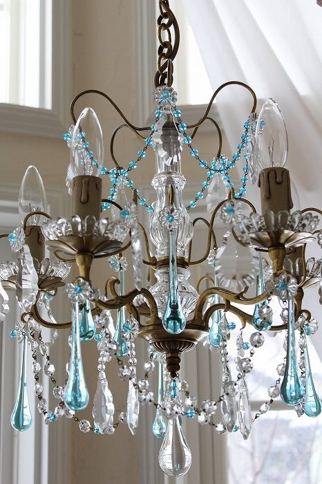 アンティークシャンデリア フランスアンティーク ブルービーズとブルー
