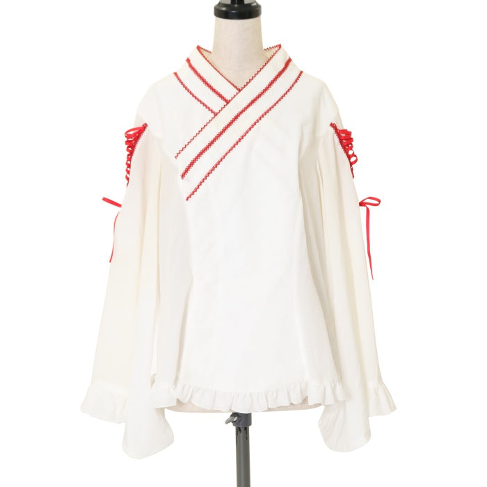 USED】【プラスサイズ】着物合わせ風ブラウス（オフホワイト×レッド