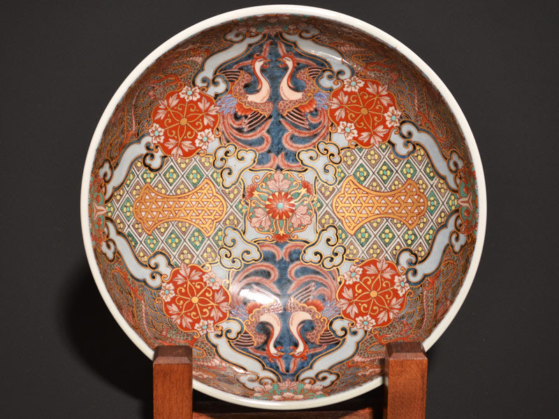 献上手古伊万里焼】飾大絵皿 染錦本金龍鳳凰吉祥地紋