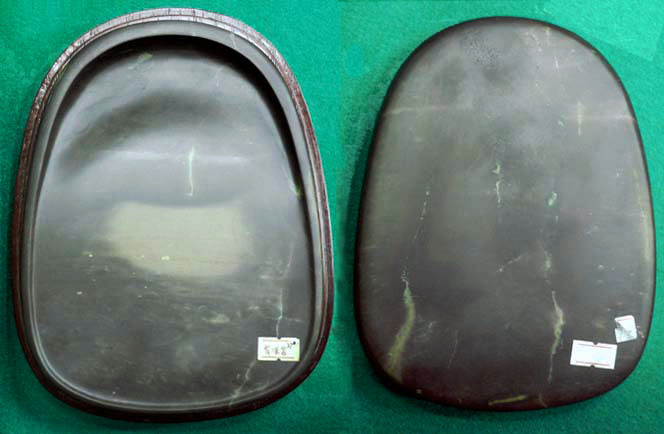 端渓・葉脈文天成硯】◇金線・冰紋の紫黒美石◇唐木共箱◇約5.2吋◇老