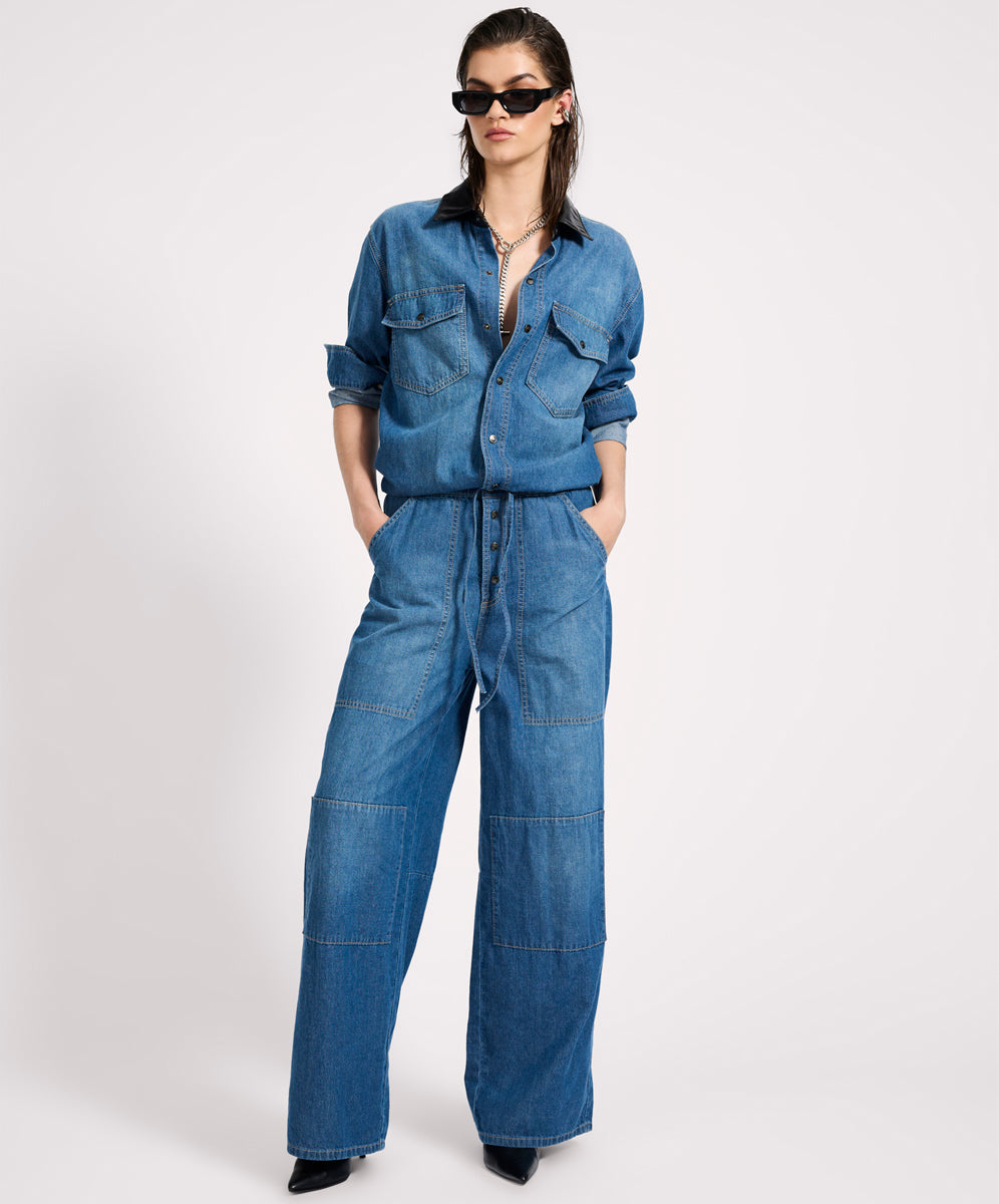 Izzy Drawstring Boiler Denim Jumpsuit - Blue Pasadena | One