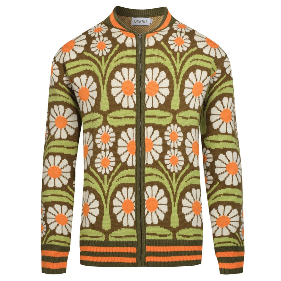 Men's Olive Green Daisy Zip-Up Knit Cardigan – 70s Floral Retro