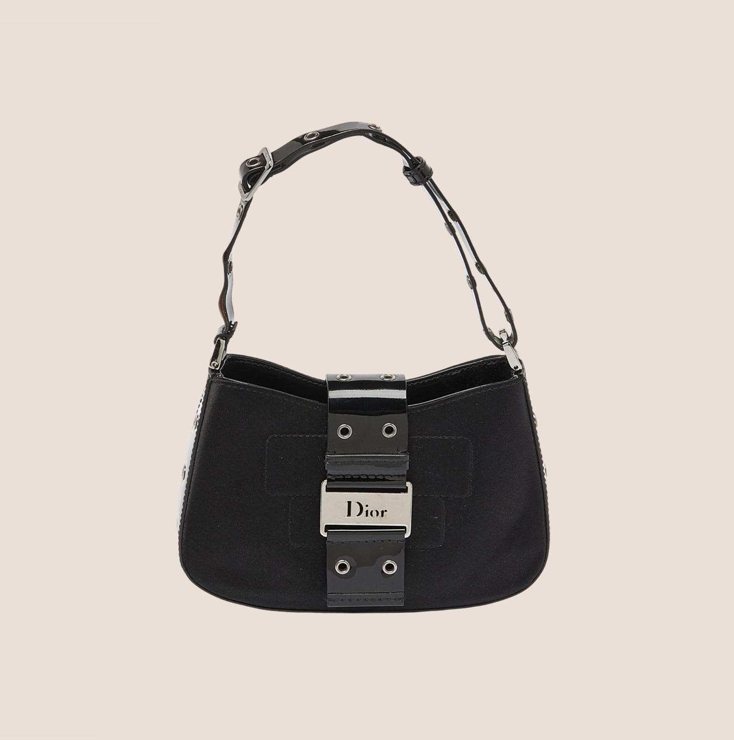 CHRISTIAN DIOR BLACK SATIN & PATENT LEATHER MINI STREET CHIC HOBO