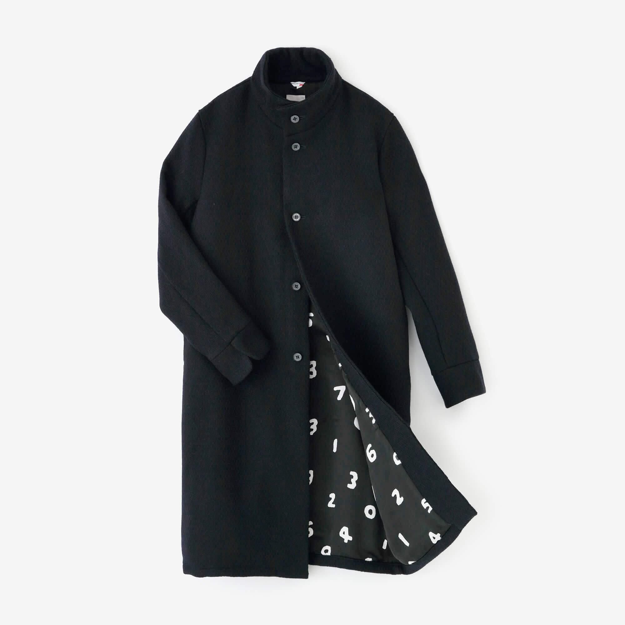 紡毛（ぼうもう） ドビー織 スタンドカラーロングコート／深紺（しんこ