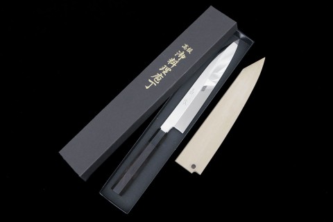 柳刃包丁 尺一 本焼 純日本鋼 鏡面 白水牛黒檀八角柄 白鞘・箱付