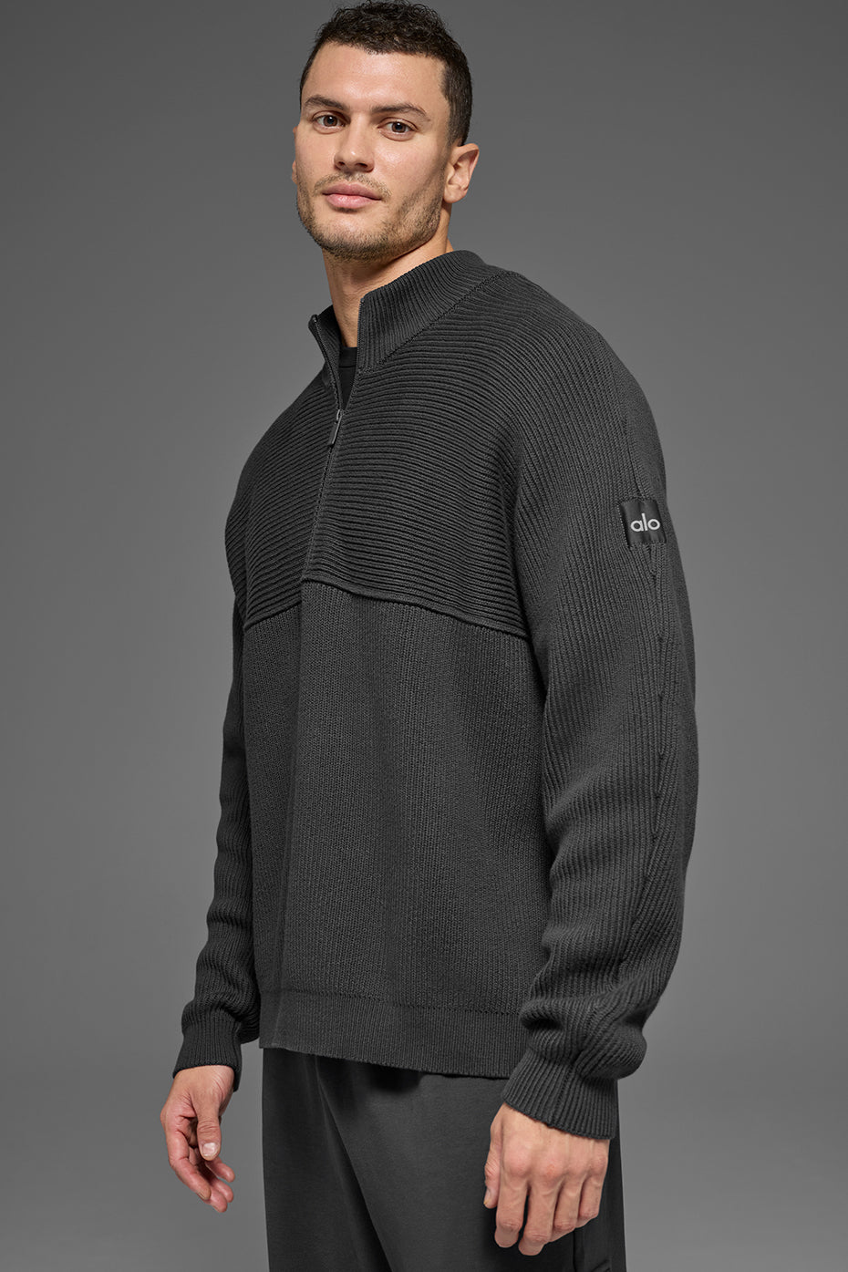 Domain Shift Rib Knit 1/4 Zip Sweater - Anthracite | ALO