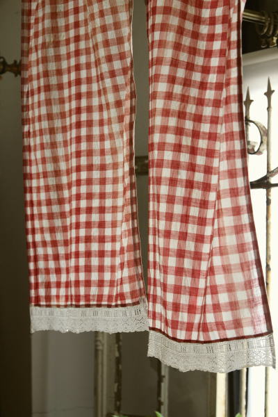 フランスアンティーク 19世紀のカーテン ギンガムチェック 希少な古裂