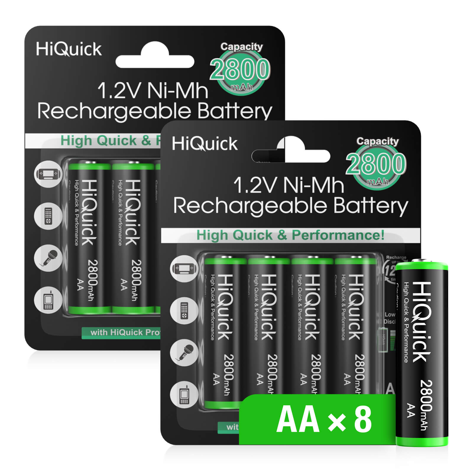 HiQuick 2800mAh Ni-MH AA Rechargeable Batteries New Retail Package
