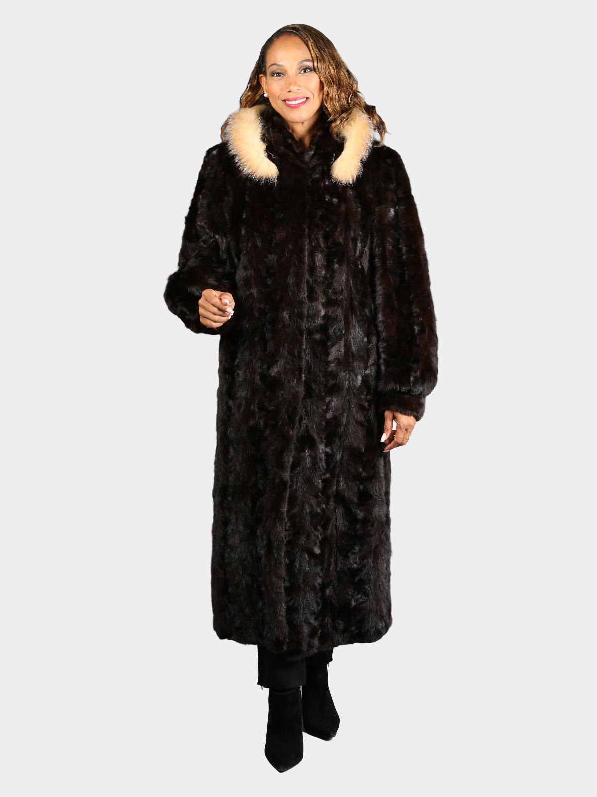 Woman's Natural Deepest Mahogany Sculptured Mink Fur Coat with Hood