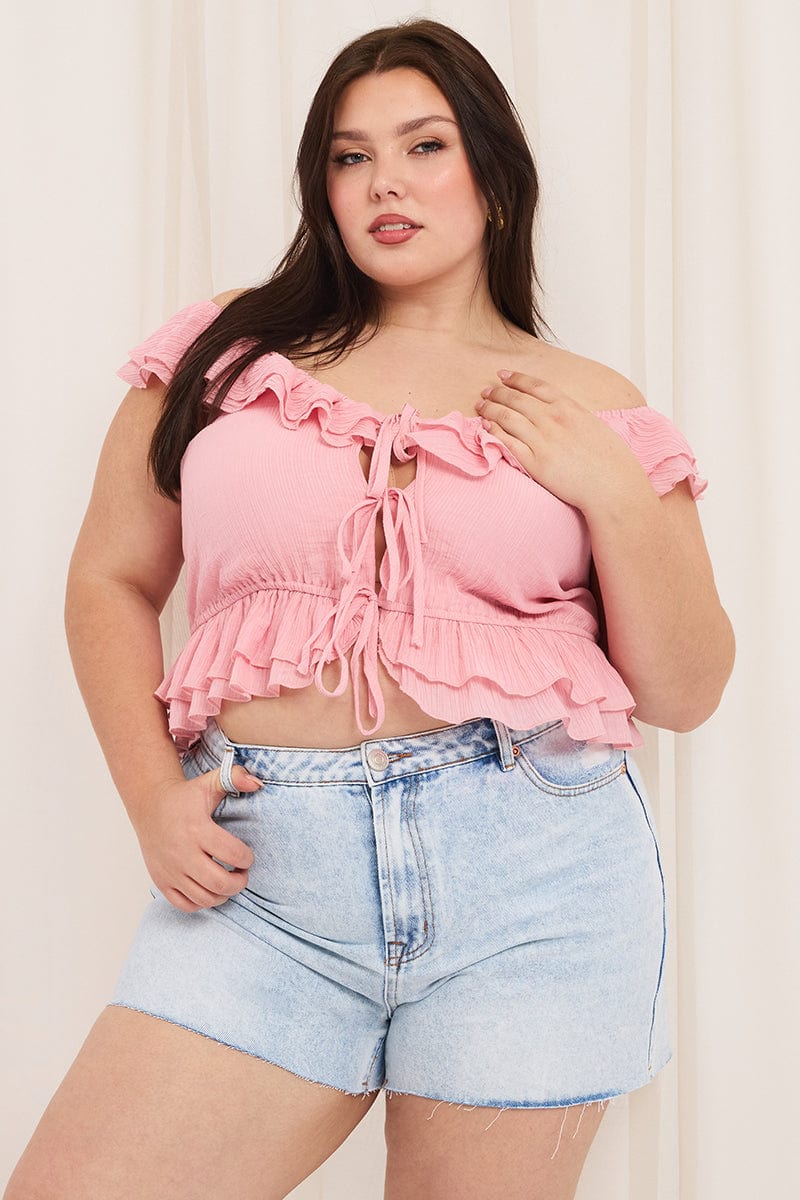 Pink Crop Top Off Shoulder Tie Front Ruffle | You & All