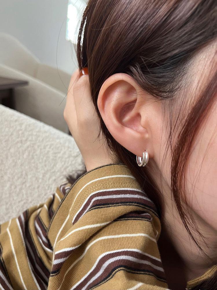 925 Silver]ダブル ライン ワンタッチ リングピアス 両耳用 韓国