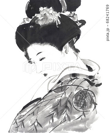 水墨画で描いた見返り美人の図のイラスト素材 [68241769] - PIXTA