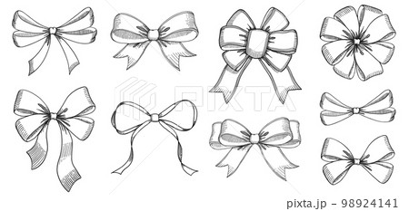 リボンの線画セット。手描きのベクターイラスト。ヴィンテージ風ライン