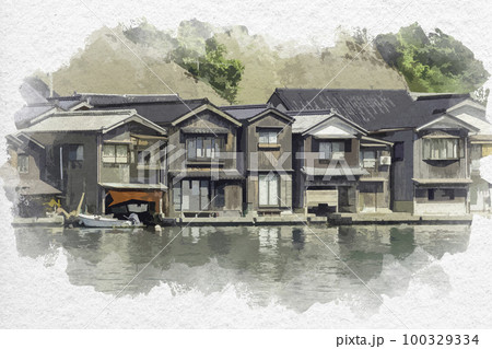 水彩画風 伊根 伊根の舟屋 京都府与謝郡伊根町のイラスト素材