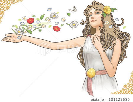 花を撒く春の女神 (ヨコ構図)_アール・ヌーヴォー風のイラスト素材