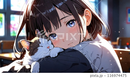 猫と女の子のアニメ風イラスト,Generative AI AI画像のイラスト素材