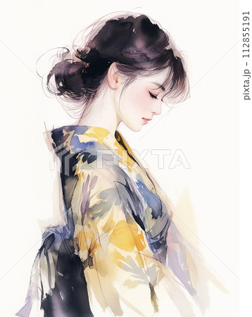 浴衣を着た若い女性の水彩画 AI画像のイラスト素材 [112855191] - PIXTA
