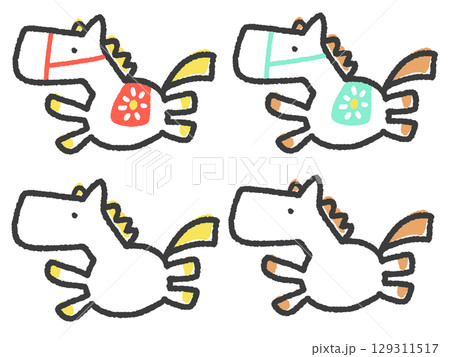 手描きのカラフルでかわいい4匹の走る馬セット 2026 正月素材・馬具
