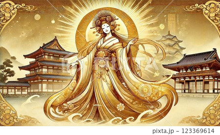 天照大神が輝く太陽とともに微笑むのイラスト素材 [123369614] - PIXTA